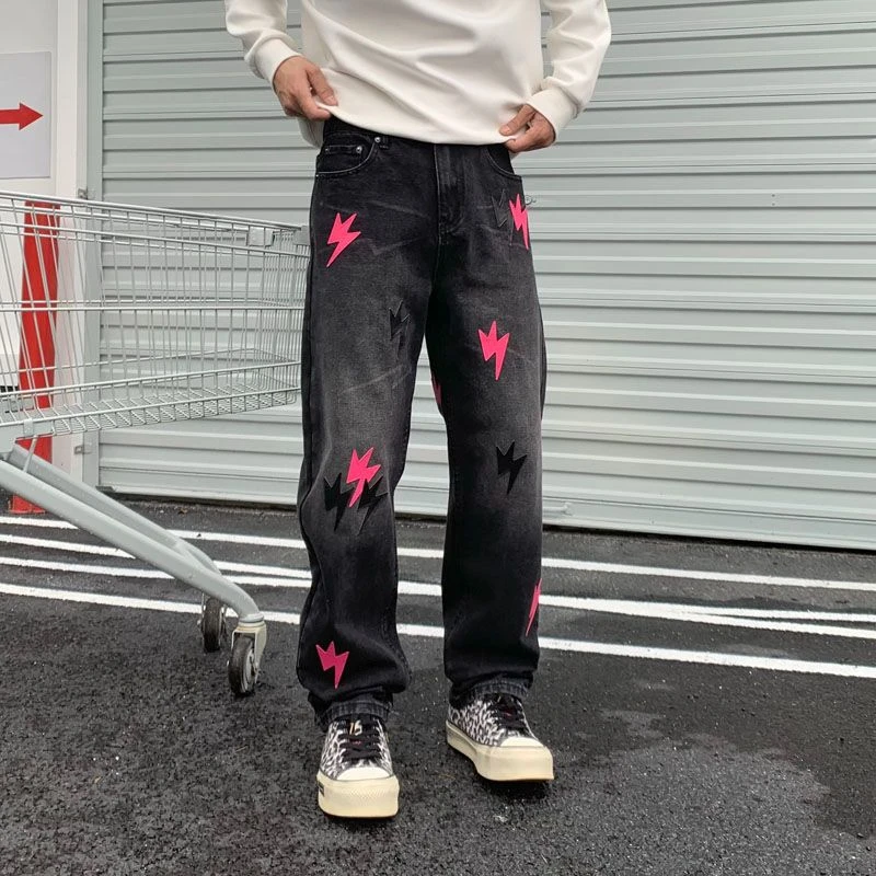 老白同款黑色拼粉色贴皮闪电裤男款潮牌高街美式牛仔裤宽松直筒裤