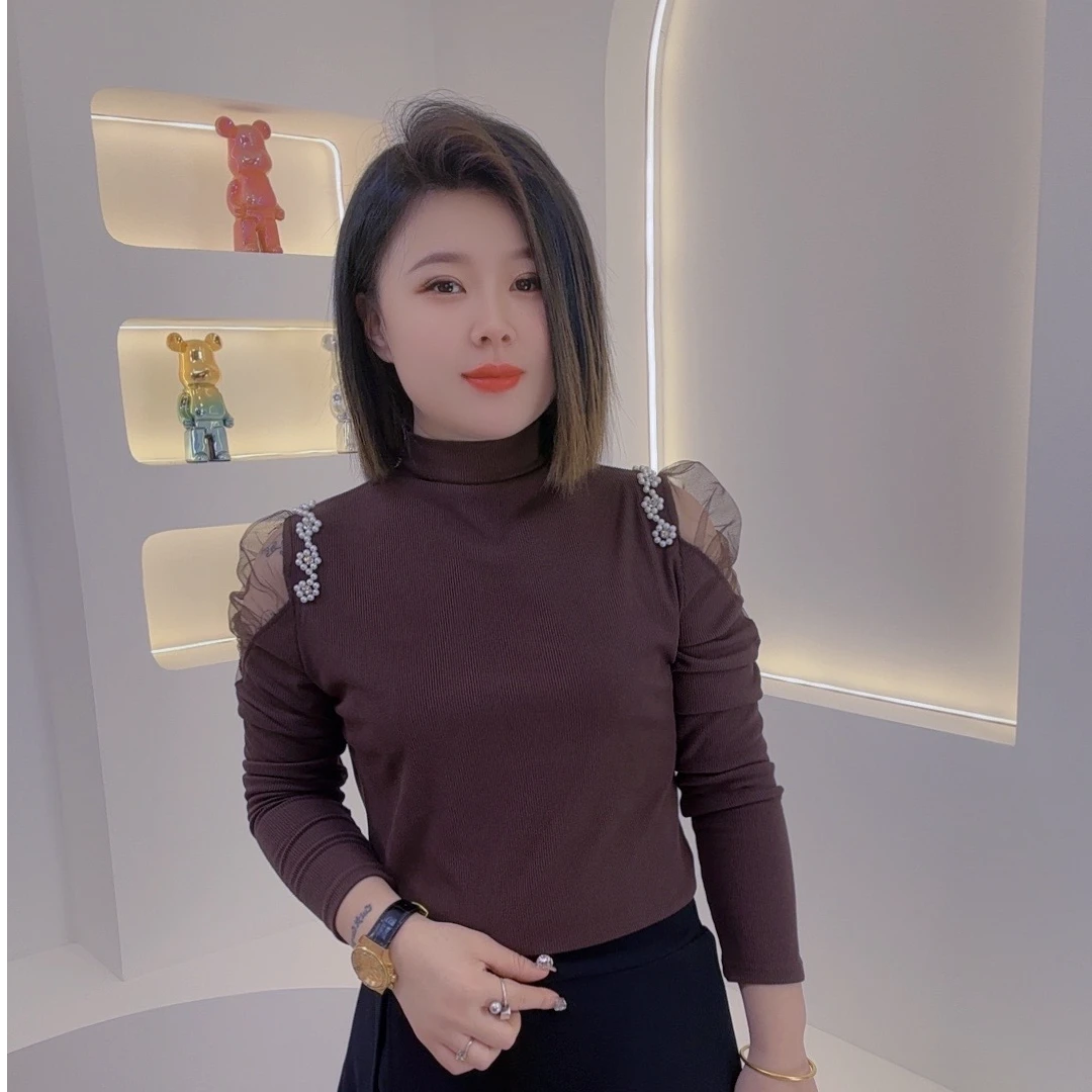 8017热卖冬季法式洋气网纱拼接时尚大码打底衫百搭双面绒打底衫