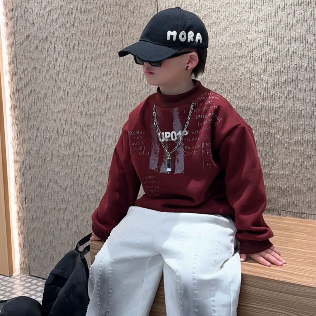 加绒加厚儿童红色秋冬洋气中大童韩版男女童百搭宽松高领卫衣