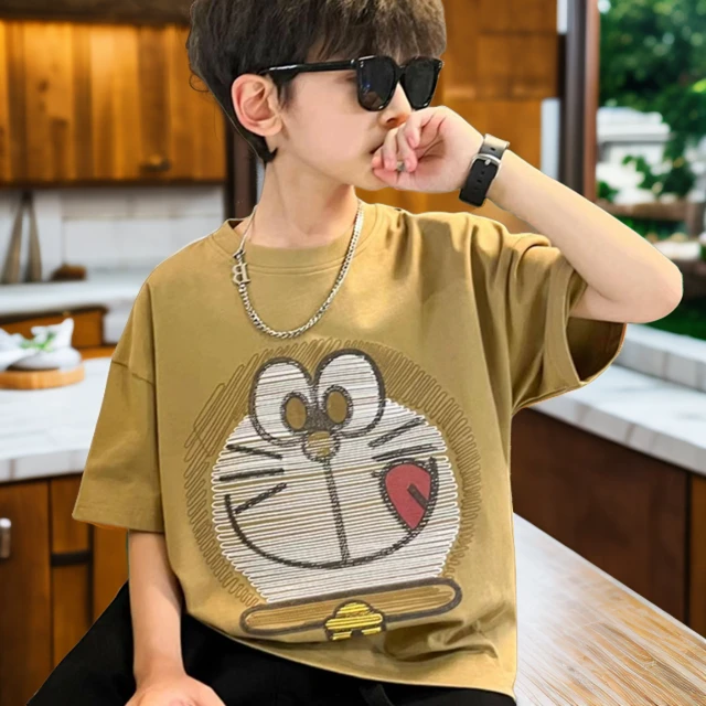 夏季半袖宽松圆领印花韩版潮流休闲时尚洋气中大童机器猫