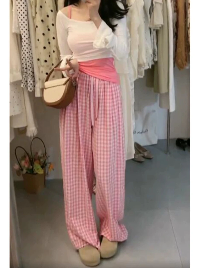 【缪斯少女】三件套防晒罩衫套装2024新款夏季吊带格纹阔腿裤粉色裤