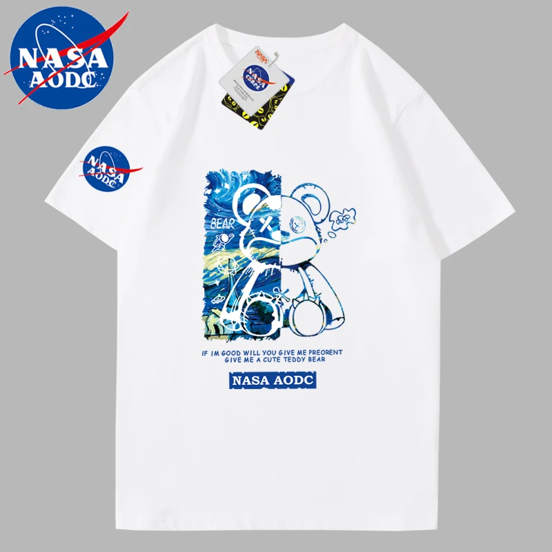 NASA AODC联名小熊T恤男女情侣短袖宽松2023夏季新款重磅网红潮牌