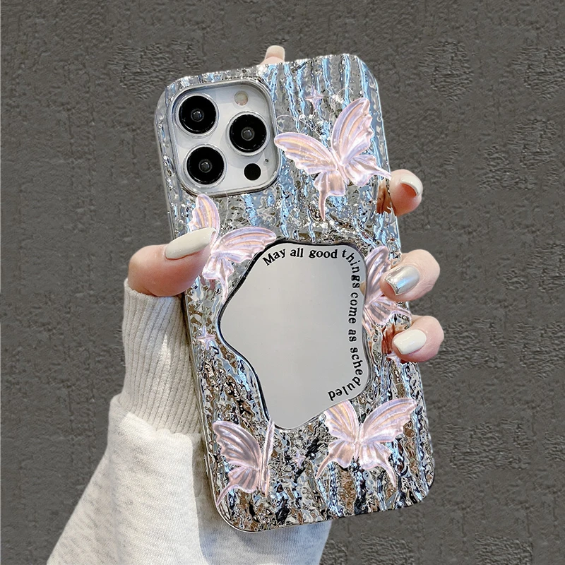 【苹果OPPO华为VIVO小米】新款创粉色蝴蝶全包补妆镜面防摔女手机壳