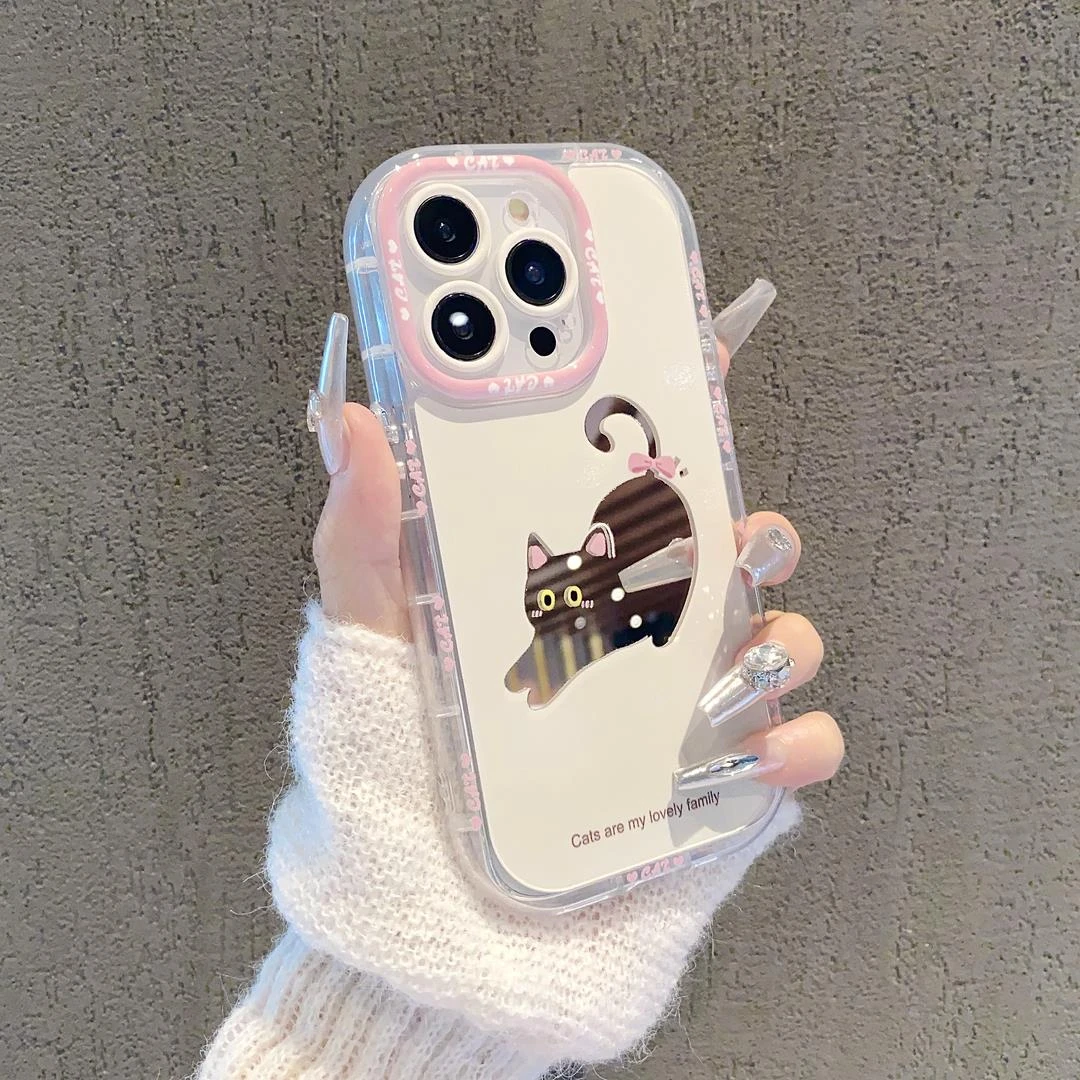 可爱小猫镜面奶油苹果15手机壳iPhone14华为mate60女OPPO小米VIVO