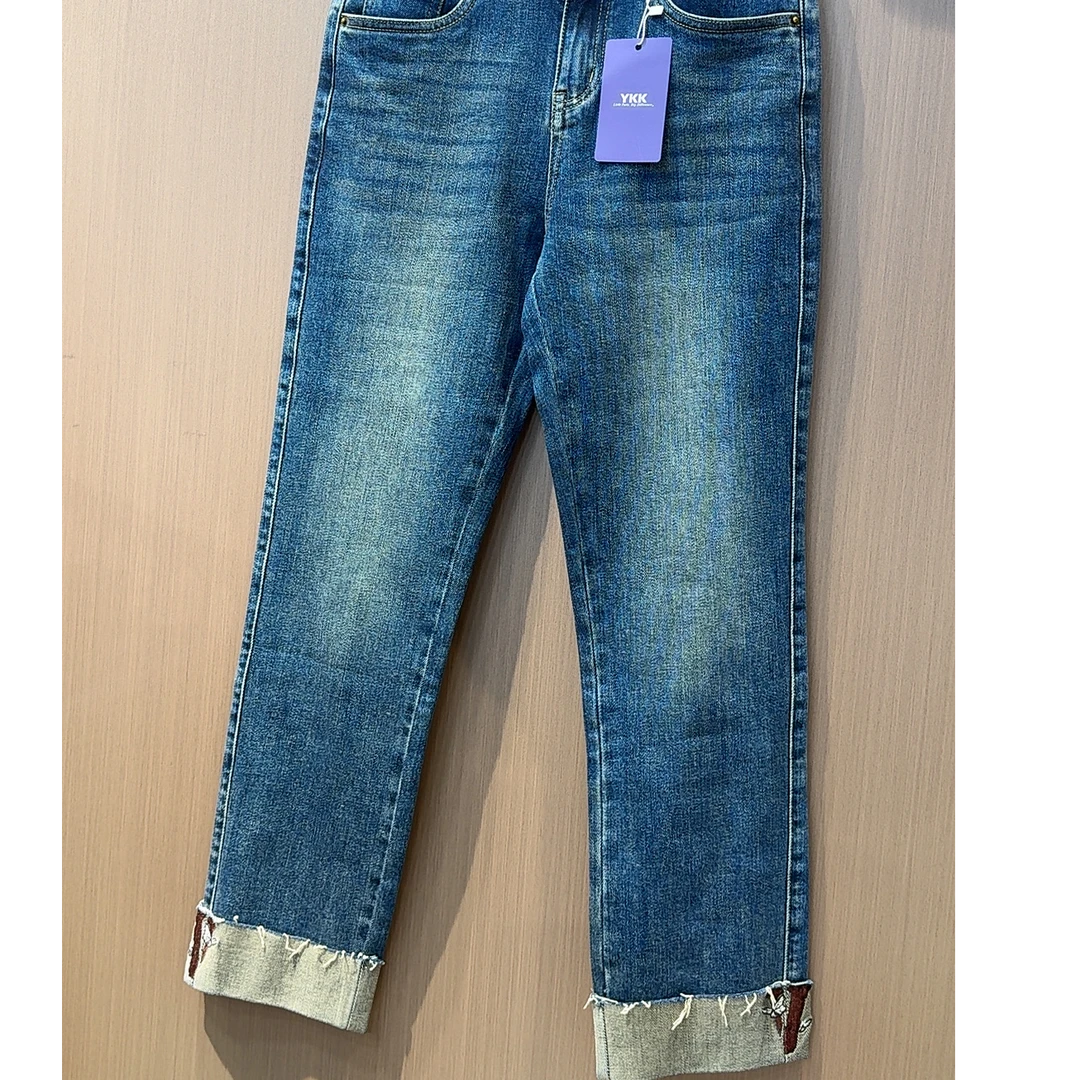 【诗菡服饰】2024春秋新款磨毛做旧直筒牛仔裤时尚卷边九分裤 62089