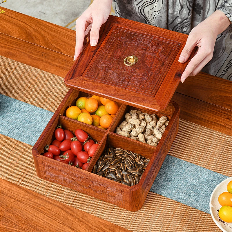 缅甸花梨榫卯红木坚果盘干果盘家用客厅茶几收纳实木零食糖果盘盒