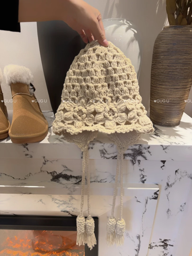 【古古】10.15新品 时尚手工编织镂空包头钩花民族风流苏帽子G25058