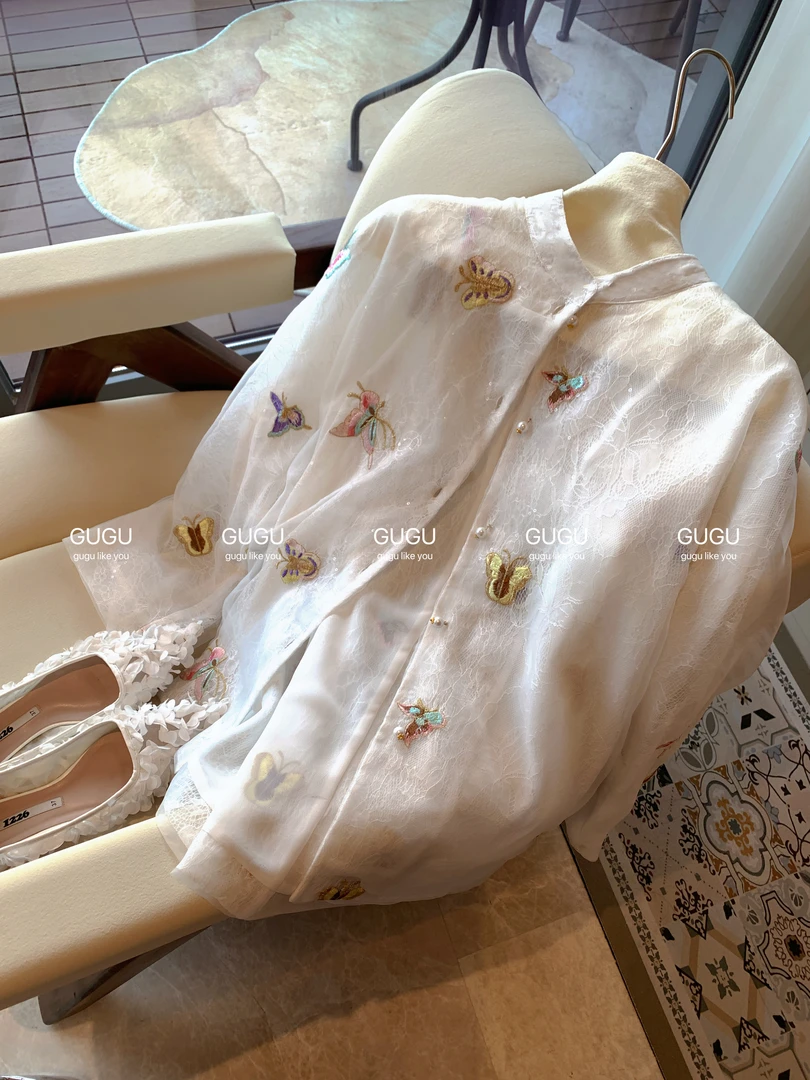 【古古】【鸳鸯蝴蝶】光泽高级感刺绣纱纱中国风小众款衬衫外套G24070