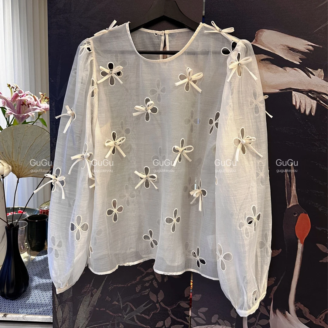 【古古】【青青子衿】开在心上的花朵纯手工订制款镂空刺绣衬衫G24004