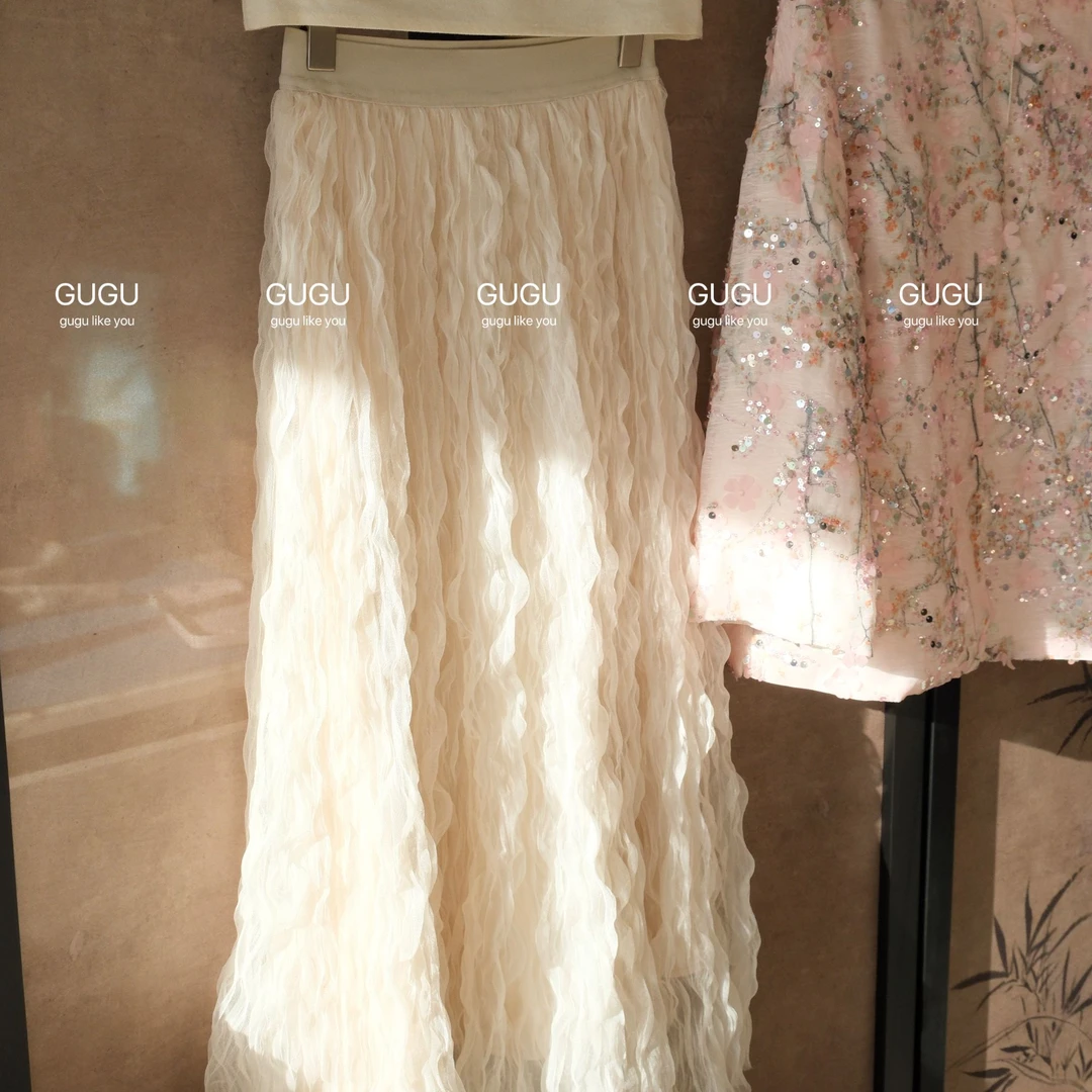 【古古】皱皱波浪夏季温柔显瘦蕾丝半身裙松紧腰纱裙 G24112