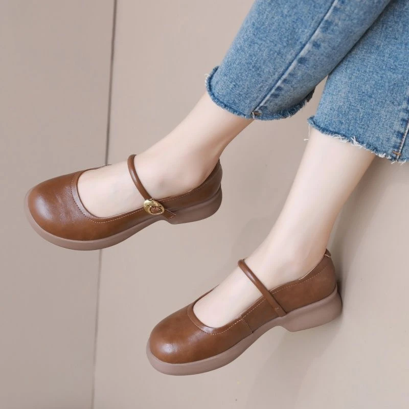 真皮圆头玛丽珍鞋子女2024新款爆款厚底一字扣小单鞋复古软底大头
