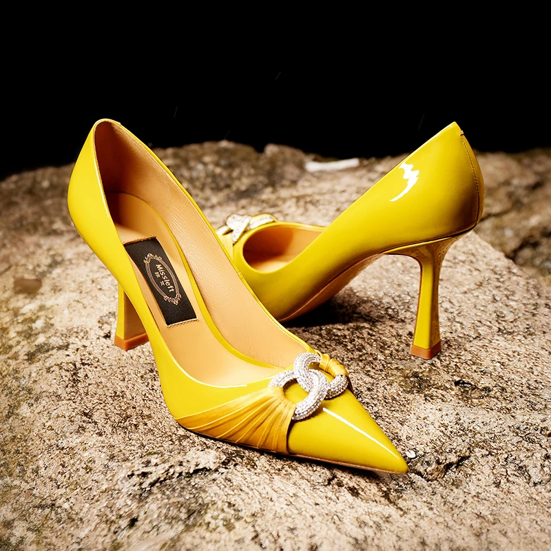 【法式女郎】独女春季新款气质黄色高跟鞋粗跟尖头浅口单鞋真皮女鞋