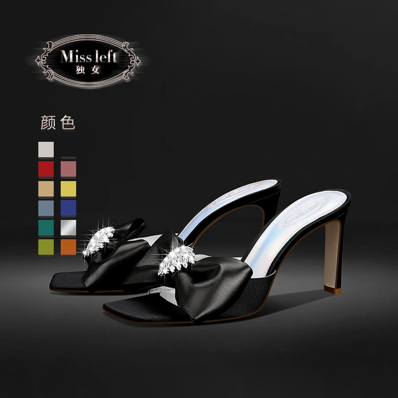 独女方头露趾凉鞋2025年夏季新款水钻蝴蝶结高跟外穿一字凉拖女