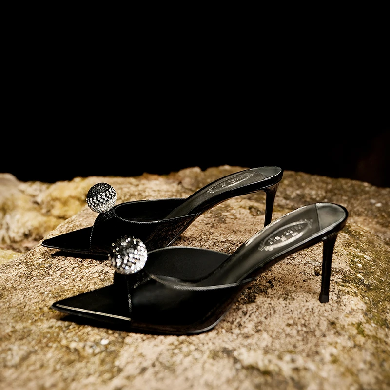 【MISSLEFT】气质黑色高跟鞋女2025年夏季外穿尖头细跟一字拖凉鞋女