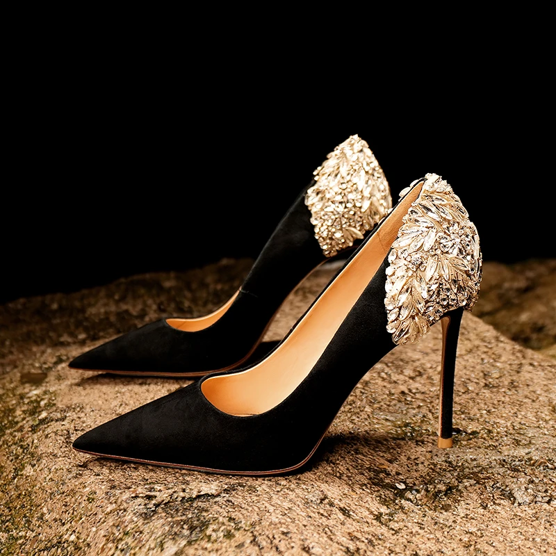 独女2022年秋季新款水钻尖头高跟浅口气质单鞋女真皮细跟高跟鞋