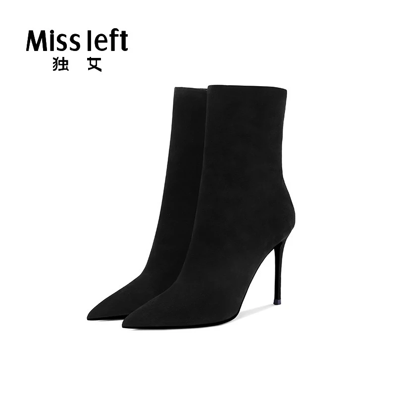2022独女春新款鹿皮短靴女黑色尖头靴子10cm细跟瘦瘦高跟短筒靴