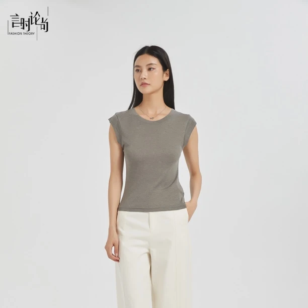 言时论尚24夏季新款极简百搭小飞袖T恤上衣