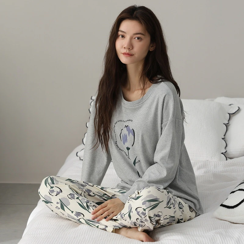 6939纯棉带胸垫睡衣女士长袖长裤套装春秋季新款可外穿家居服睡衣