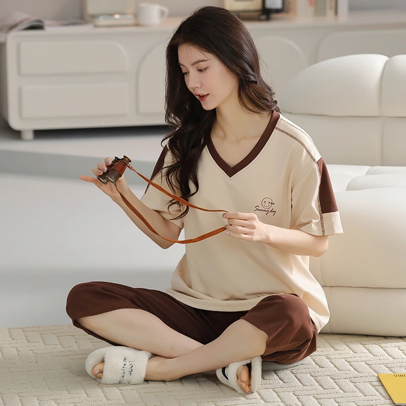 79975新款夏季女士纯棉睡衣短袖七分裤套装睡衣女家居服