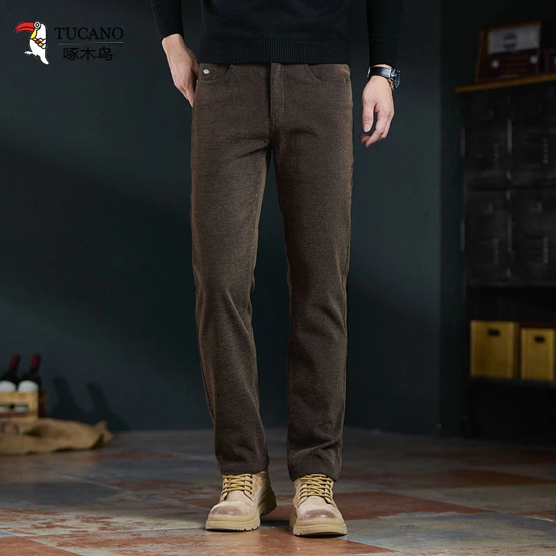 TUCANO/啄木鳥秋冬轻商务男休闲裤雪尼尔弹力直筒加绒加厚百搭款
