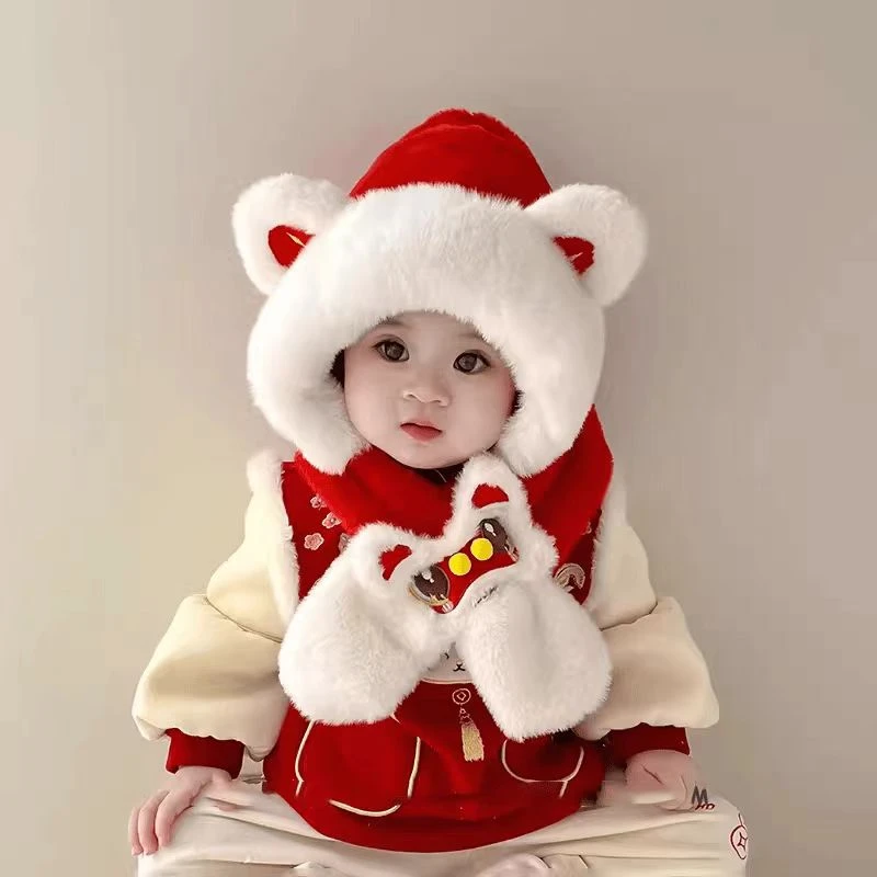 宝宝帽子秋冬款醒狮新年儿童围巾一体帽可爱超萌加厚男女童护耳帽