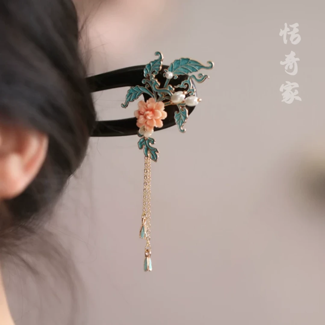 恬奇家a781“花无缺”国风烧蓝u型发簪古风木质简约日常百搭原创