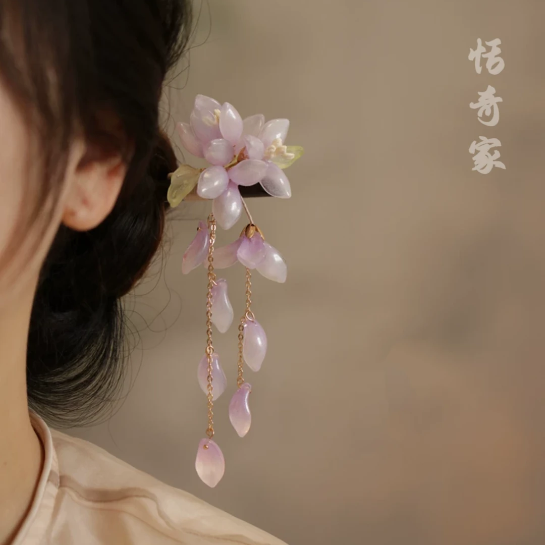 恬奇家a789“紫藤瀑布“新中式古风雪莲花流苏发簪新款原创设计超仙