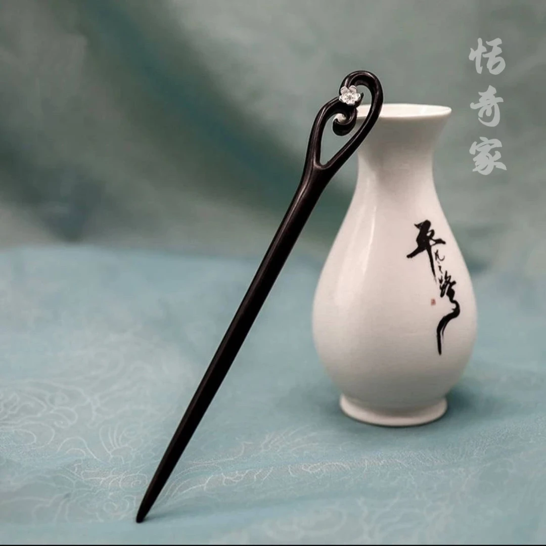 恬奇家“倾心”高定沉水紫光檀木原木发簪银花手工根雕原创设计轻