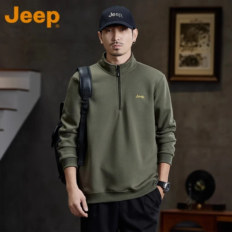 JEEP/吉普2025秋季新款立领半拉链卫衣男士新款军绿宽松休闲长袖