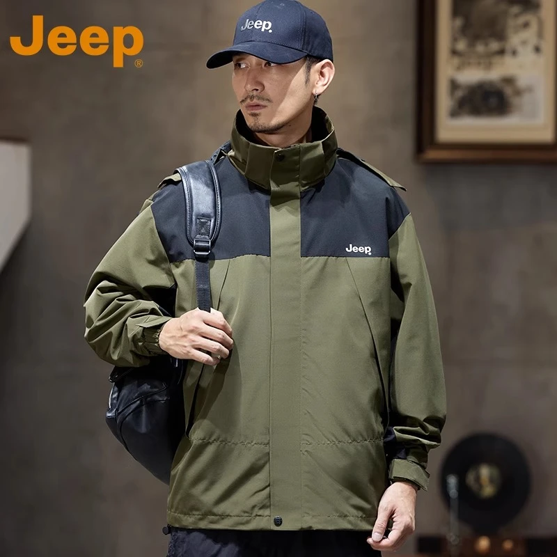 JEEP/吉普户外防水运动风三防冲锋夹克外套男士春秋软壳登山服