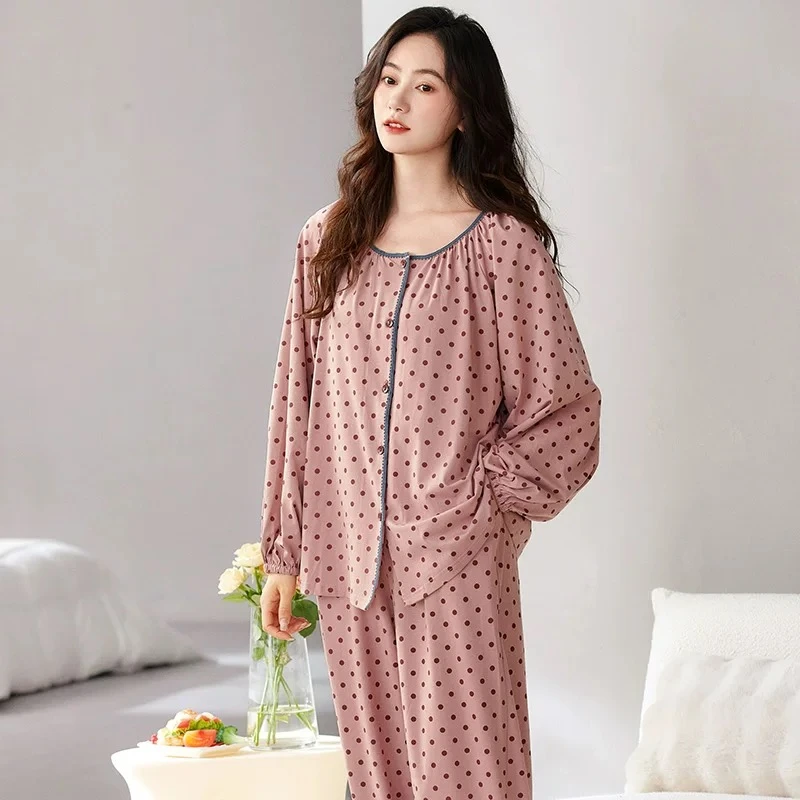 春秋季新款纯棉长袖睡衣女士甜美风圆点开衫家居服可外穿全棉套装