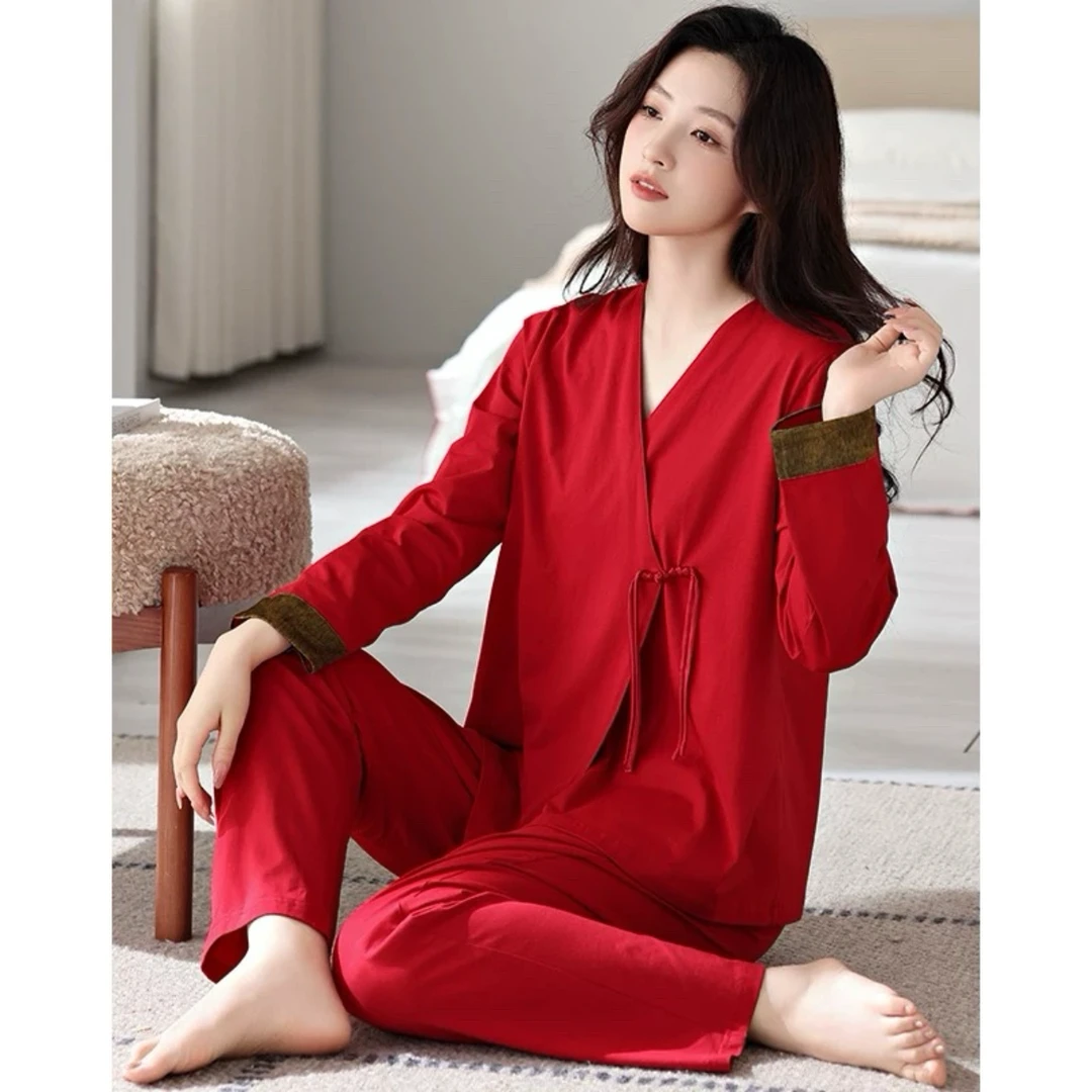 新款正红色国风睡衣女春秋季长袖薄款女士结婚喜庆本命年家居服
