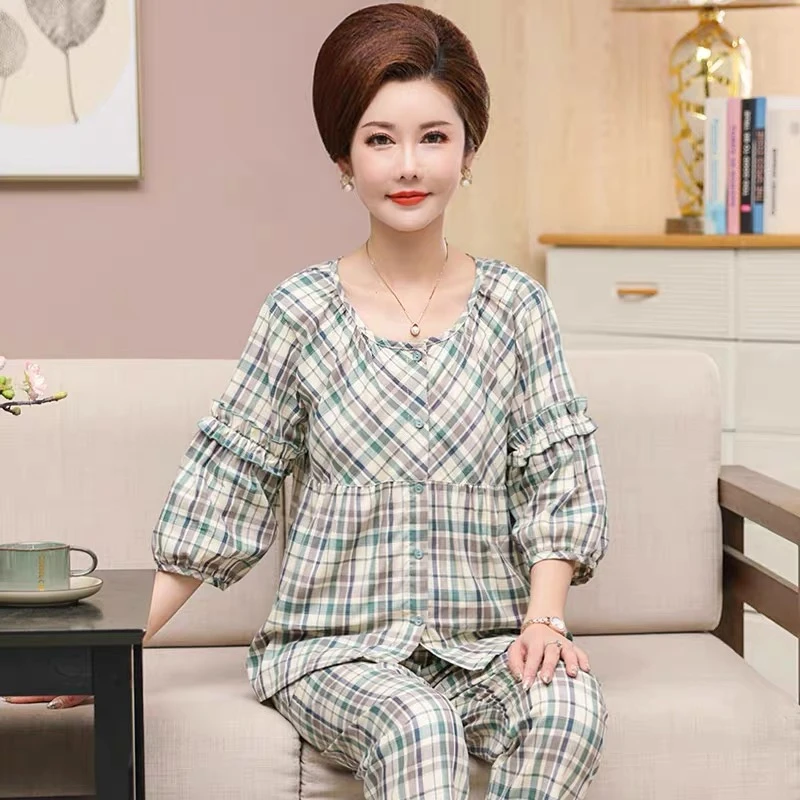 新款格子睡衣女夏天纯棉宽松大码显瘦时尚洋气青年全棉家居服套装