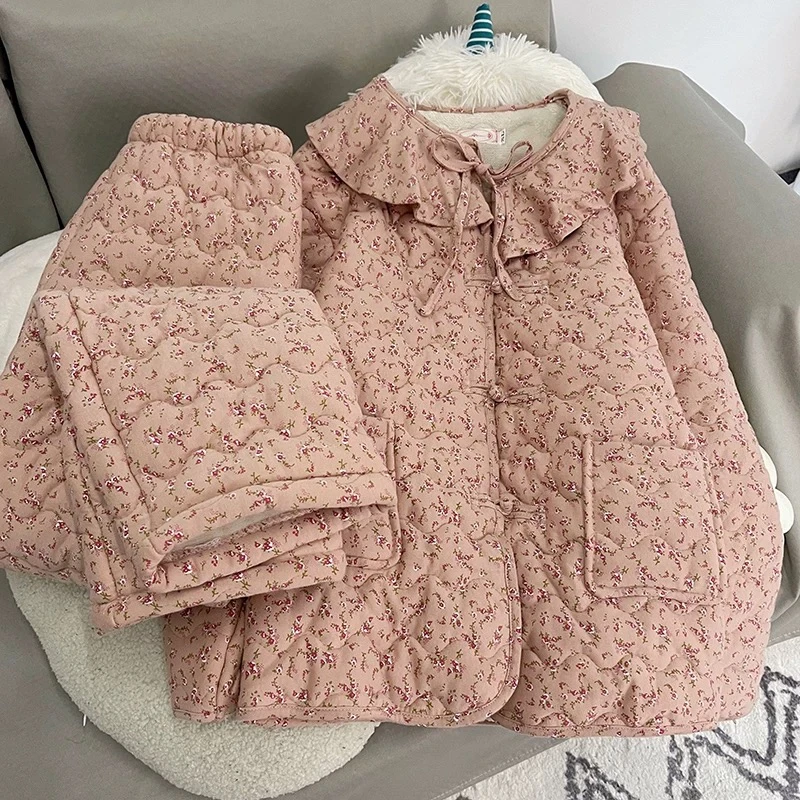 韩版甜美公主风小碎花长袖睡衣女士加绒加厚保暖三层夹棉袄家居服