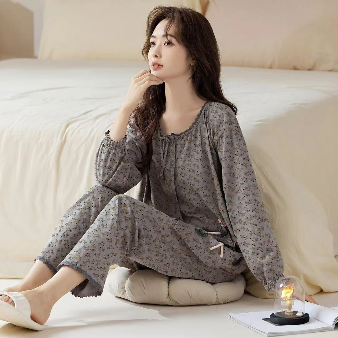 100%纯棉睡衣女新款春秋季田园风碎花长袖长裤开衫家居服全棉套装
