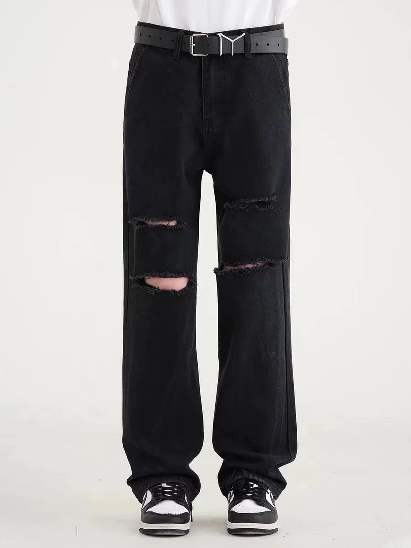 纯浮力！黑色刀割牛仔裤男女