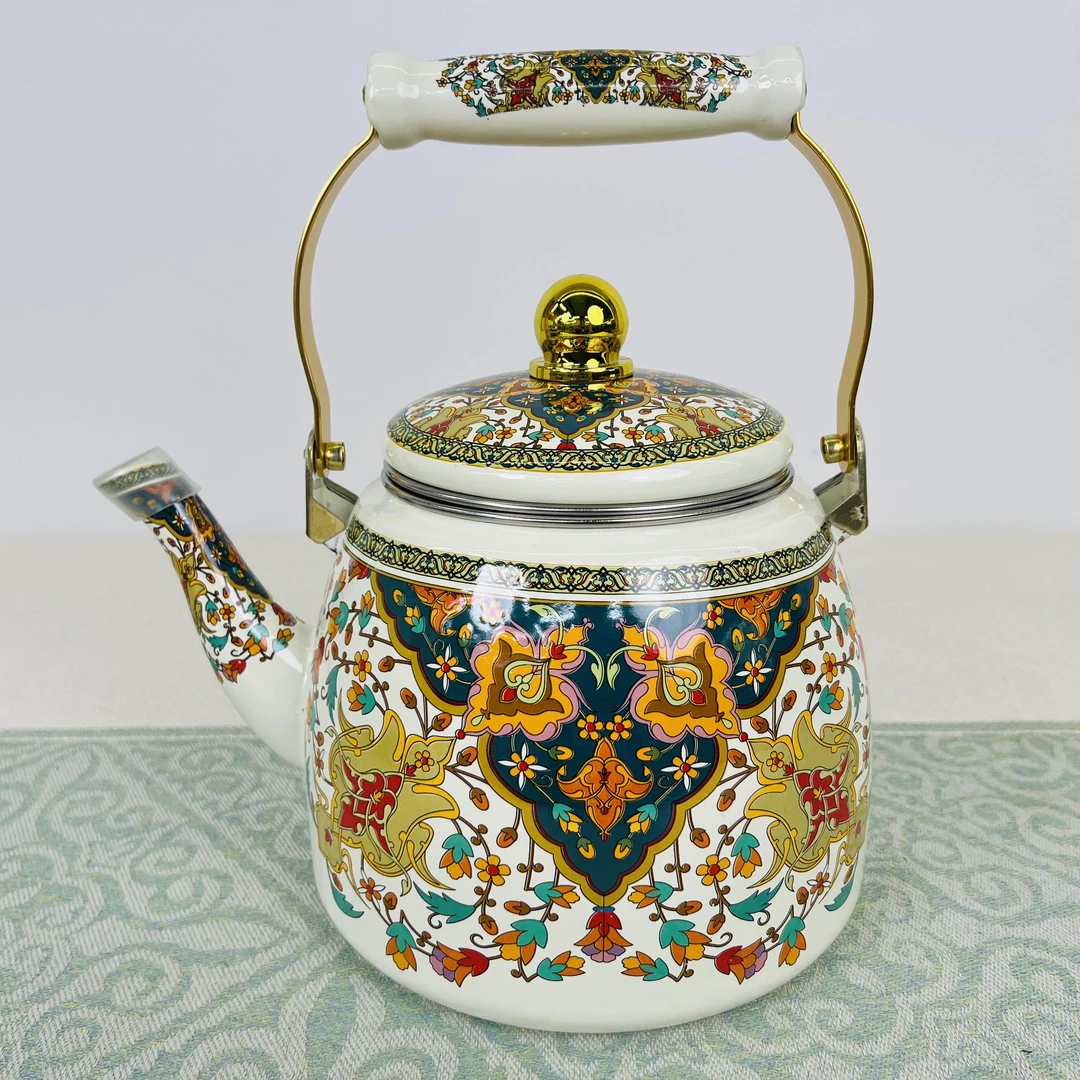 3.3L描金陶瓷柄俄罗斯大麦壶珐琅彩搪瓷烧水壶凉水壶带滤网茶壶