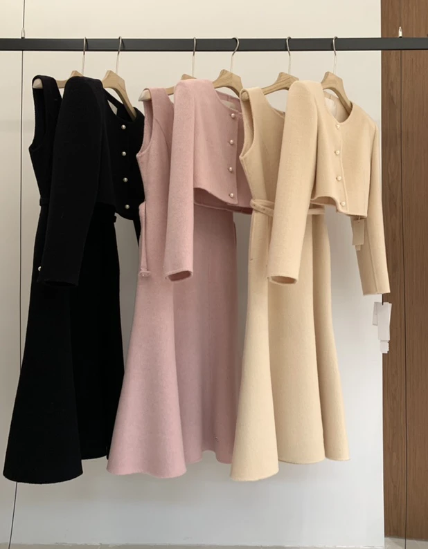 韩国东大门2024双面95羊毛大衣女套装收腰长款两件套毛呢外套