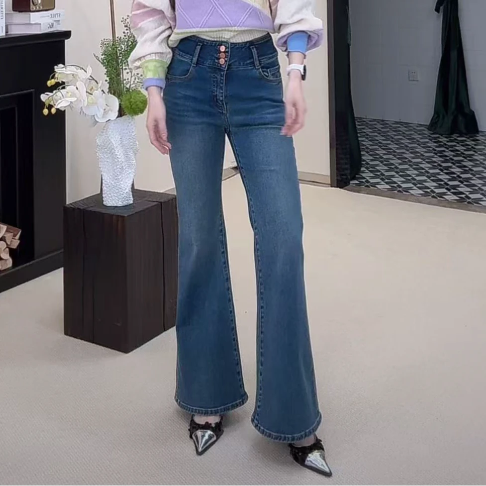 Lemusee 加绒高腰牛仔微喇长裤 1112430205009/1112430205008