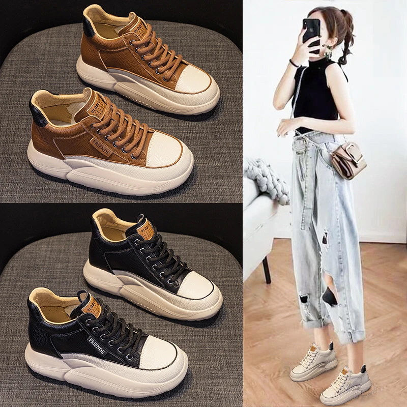 高帮小白鞋女2023秋季新款松糕厚底女鞋百搭真皮运动鞋复古休闲鞋