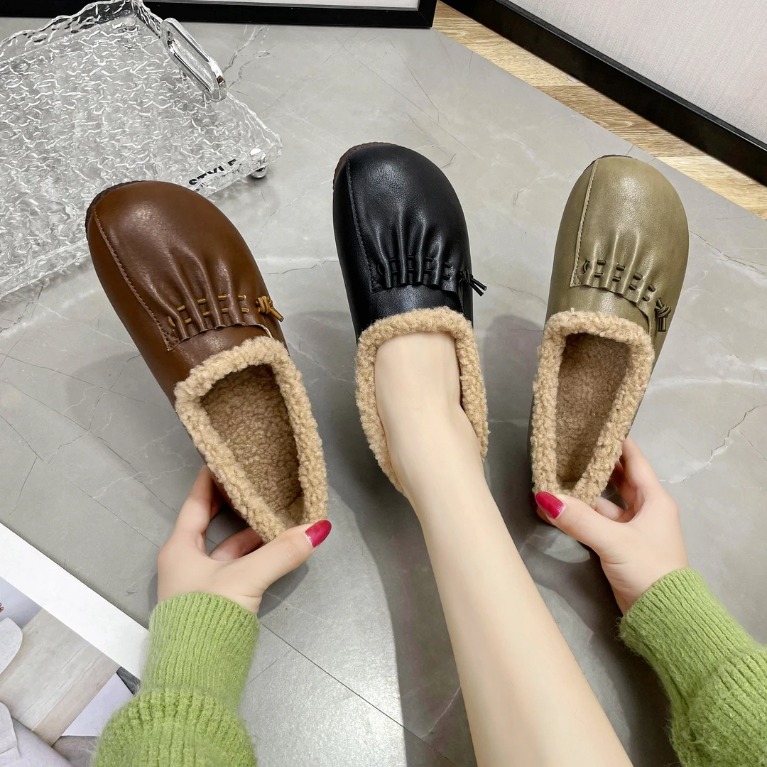 冬季加绒保暖百搭软底平底妈妈鞋防滑时尚秋冬季休闲豆豆女鞋