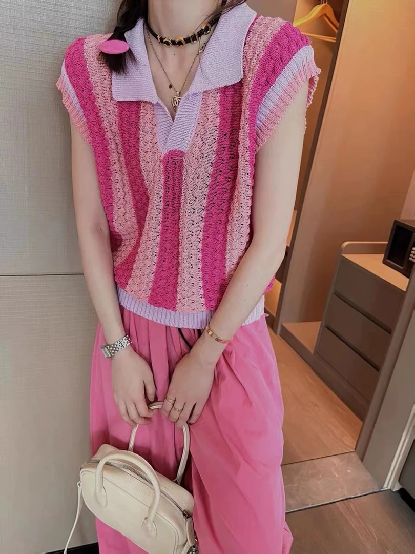 [七七子] 小众无袖撞色针织马甲女韩版气质竖条镂空夏季背心女