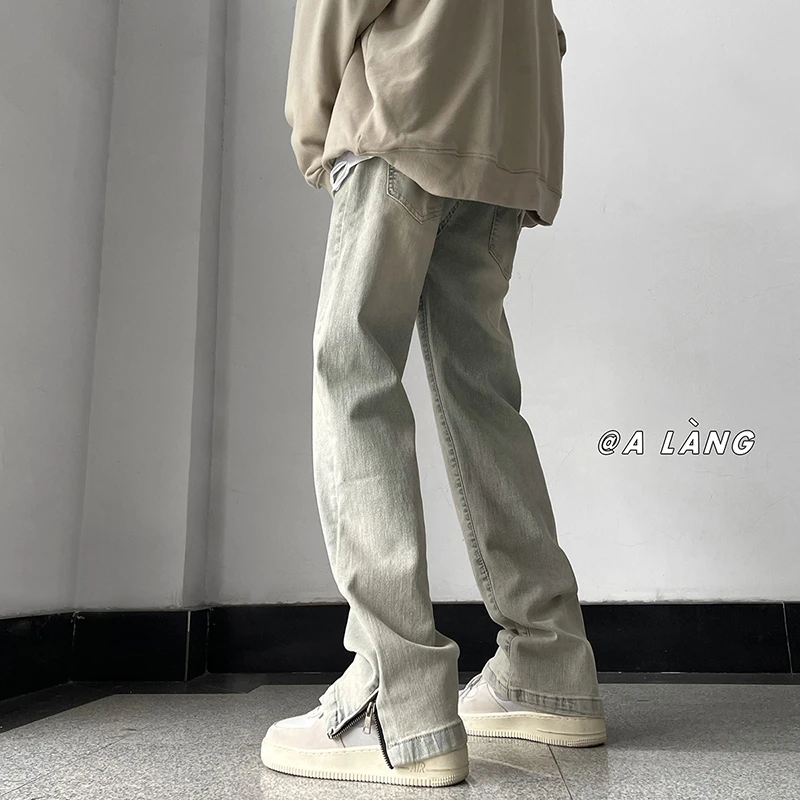 @春款黄泥色~裤脚拉链~牛仔裤