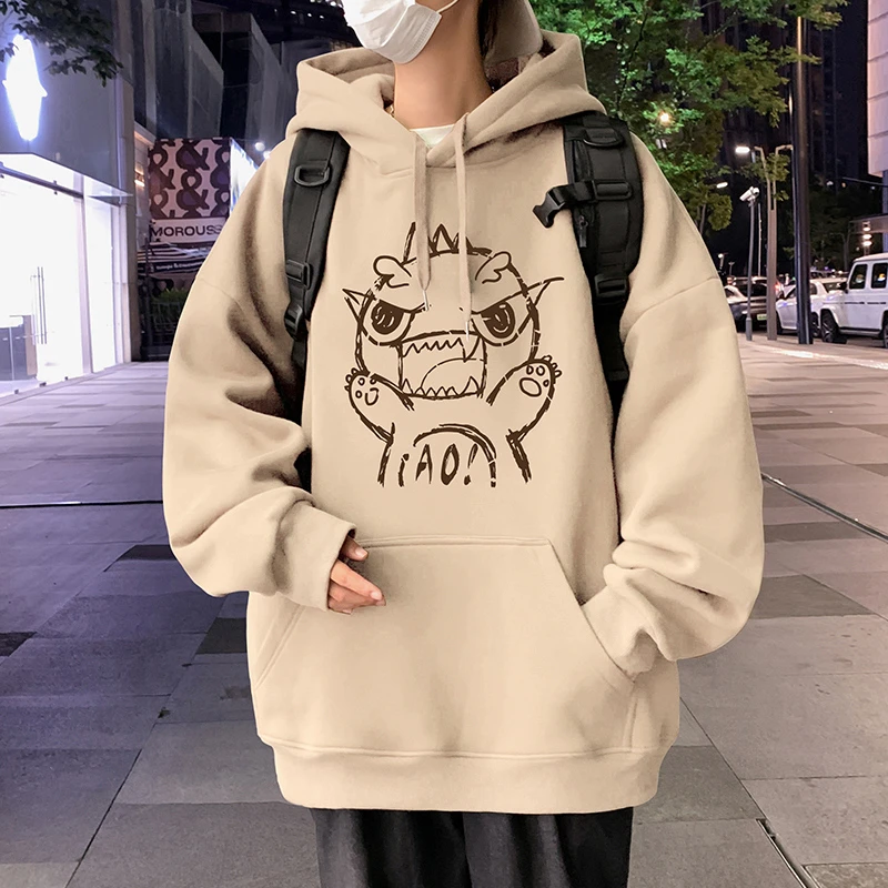 连帽卫衣男春秋季加绒宽松情侣卡通印花休闲长袖上衣潮流套头帽衫
