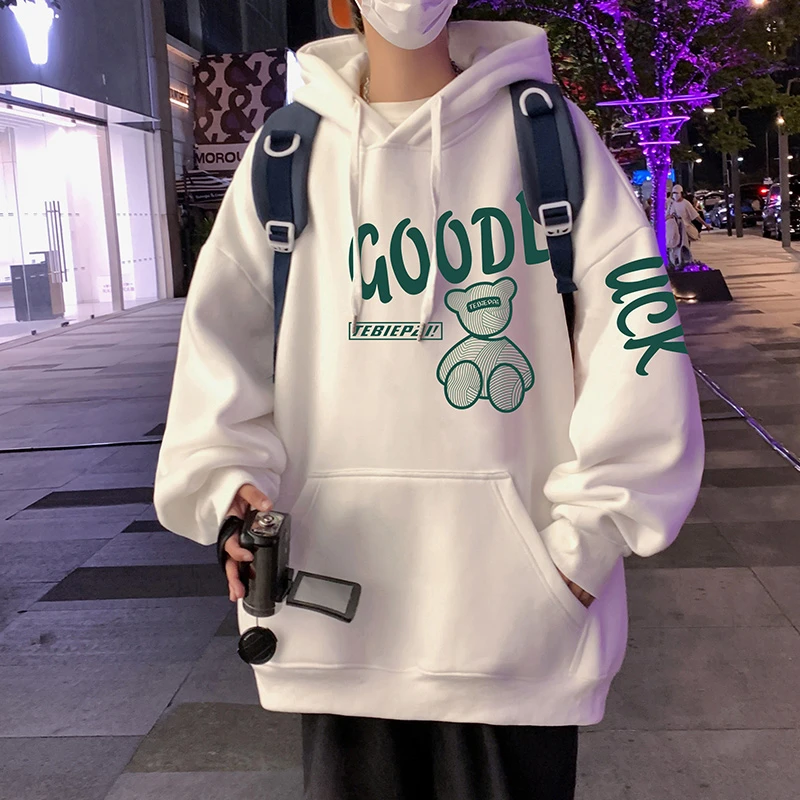 纯棉宽松字母卡通休闲连帽卫衣男青少年大码宽松衣服帽衫学生外套