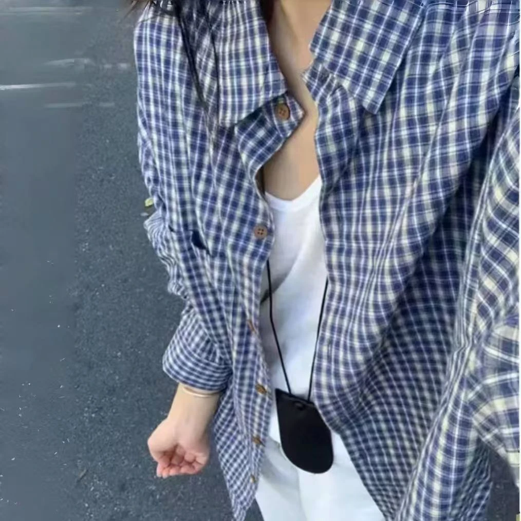 【工厂现货】复古港风显白格子POLO衫宽松秋款衬衣慵懒风外套女