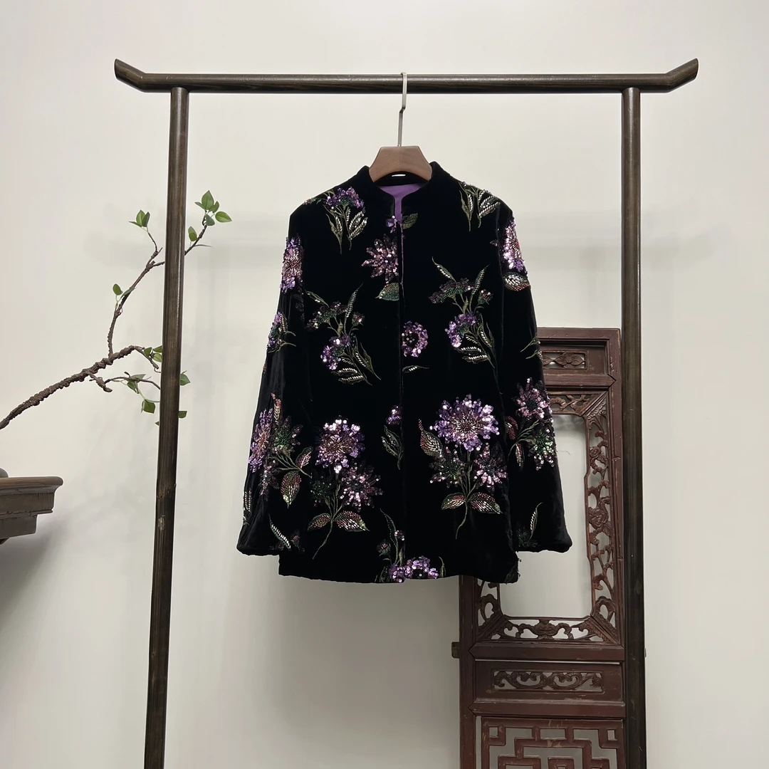 【月下紫罗兰】新中式重工刺绣夹棉加厚秋冬棉服W50139