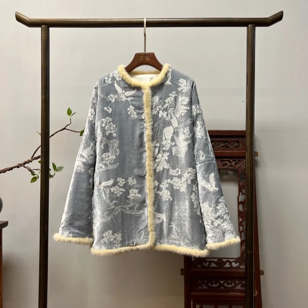 【花锦绣】重工刺绣真丝丝绒加厚棉服外套W50026