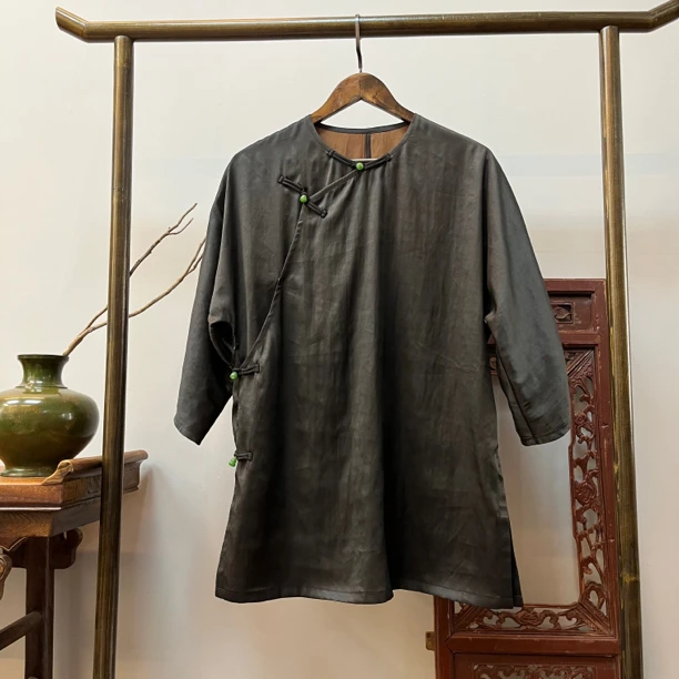 【素皱】30姆米香云纱落肩裙衫衬衫黑色上衣X70093