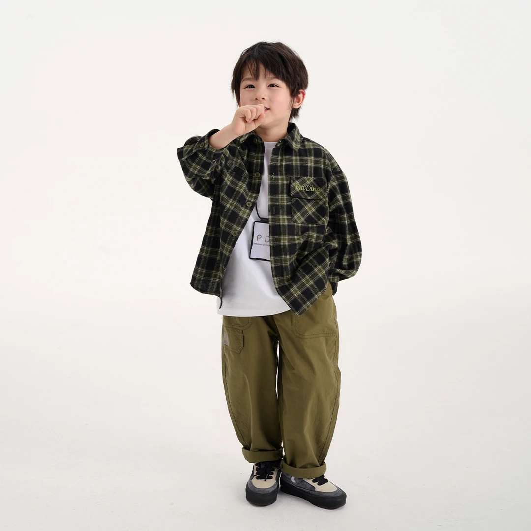 派町春秋装儿童韩版中大童时尚翻领复古格纹长袖衬衫WP1414-WPP
